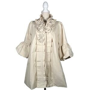 Ryu VTG Jacket Trench Coat Womens Med Cream Ruffles Lined Rosettes Boho NWOT